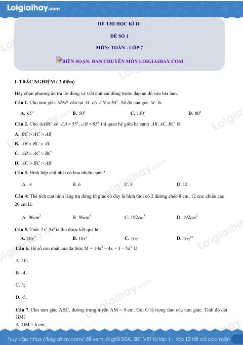 Đề thi học kì 2 Toán 7 - Đề số 1 - Kết nối tri thức